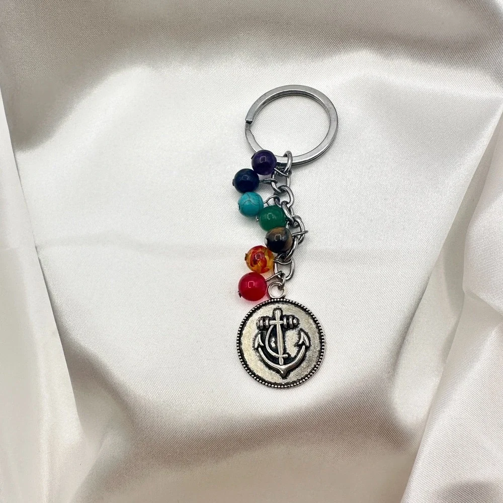 Vintage 80s 7 Chakra Healing Stone Keychain Yoga Reiki Anchor Charm Gift Jewelry